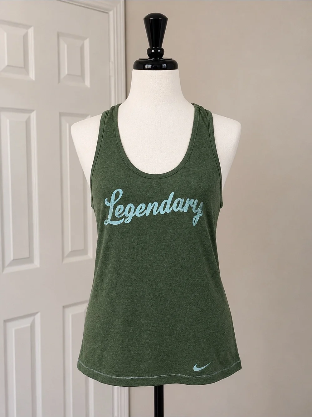 Nike Women’s Olive Green Racerback Tank with Light Blue 'Legendary' Script